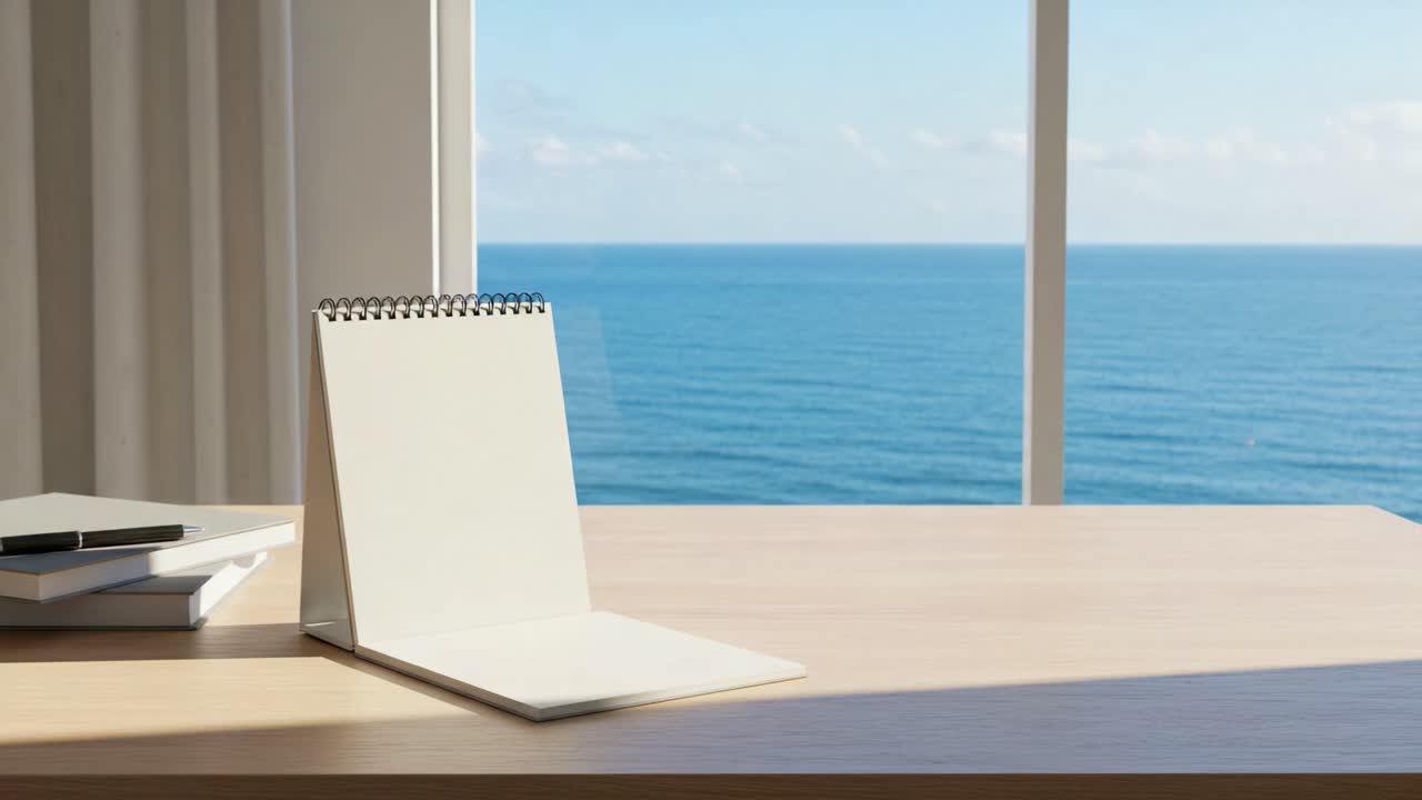 Serene View of Ocean from a Calm Workspace Featuring a Blank Notepad and Minimalist Design for Inspiration and Focus