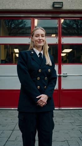 professional female firefighter in uniform stands confidently with hands clasped in front of a fire station's red doors, exuding professionalism and readiness