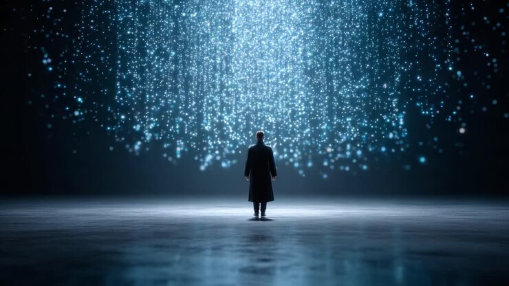 A solitary figure stands in awe beneath a mesmerizing cascade of illuminated particles, creating a stunning visual spectacle that captivates the imagination and evokes a sense of wonder