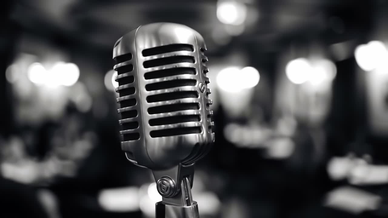 A vintage microphone stands prominently in an atmospheric setting, highlighting its intricate design and gleaming metalwork against a softly blurred background of lights and shadows