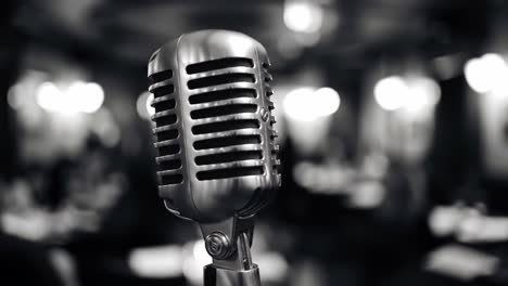 a vintage microphone stands prominently in an atmospheric setting, highlighting its intricate design and gleaming metalwork against a softly blurred background of lights and shadows
