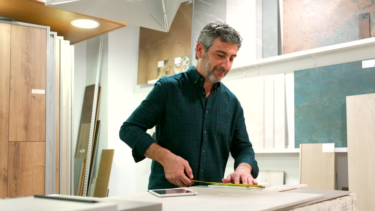 Man in a tile store measuring tile