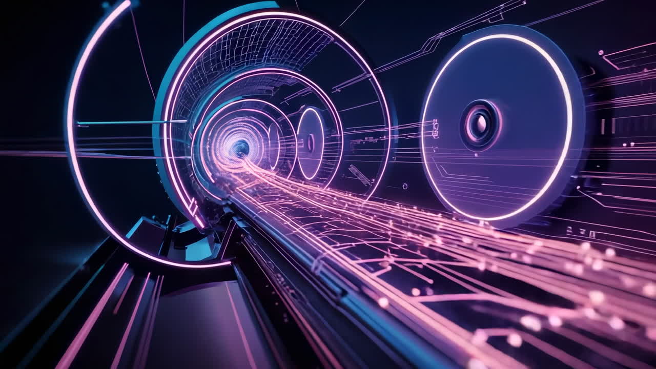 Futuristic Neon Data Tunnel with Glowing Light Trails