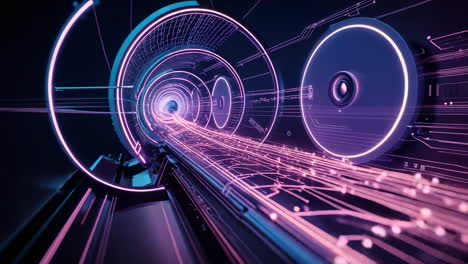 futuristic neon data tunnel with glowing light trails