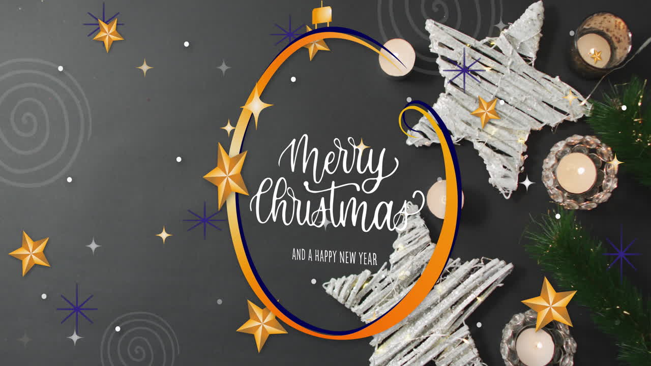 animación del texto de feliz navidad sobre las decoraciones navideñas