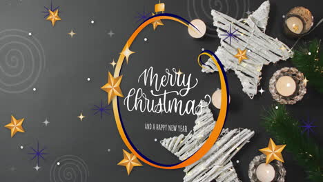 animación del texto de feliz navidad sobre las decoraciones navideñas