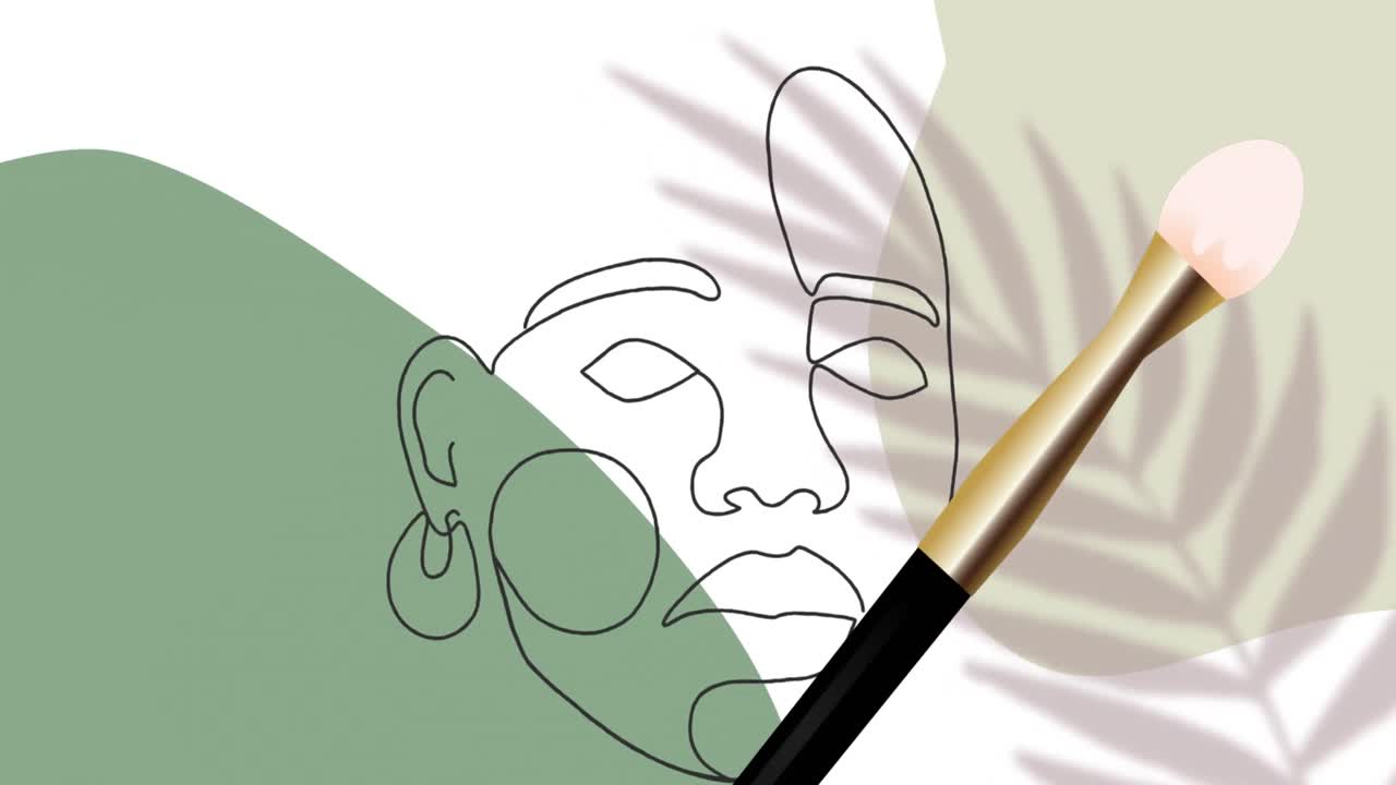 초록색 배경에 있는 브러시 아이콘과 모델 얼굴의 애니메이션