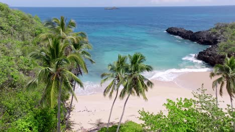 Aerial-view-of-palm-trees-and-tropical-Playa-Onda-with-turquoise-Caribbean-Sea-in-summer