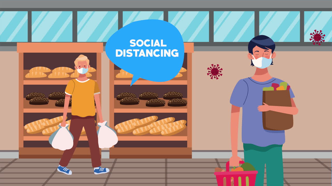 슈퍼마켓의 남성 고객들과의 사회적 거리 두기 캠페인