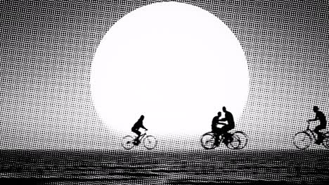 halftone style animation with bicycles and bicyclist silhouettes moving in both directions in front of a huge sun, 3d animation, halftone style animation