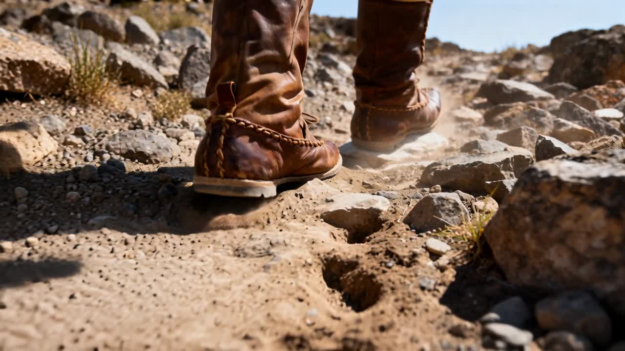 Ein Wanderer in braunen Stiefeln tritt angeregt durch die Steigung auf einen schmalen felsigen Pfad, wobei Staub aufgewirbelt wird.