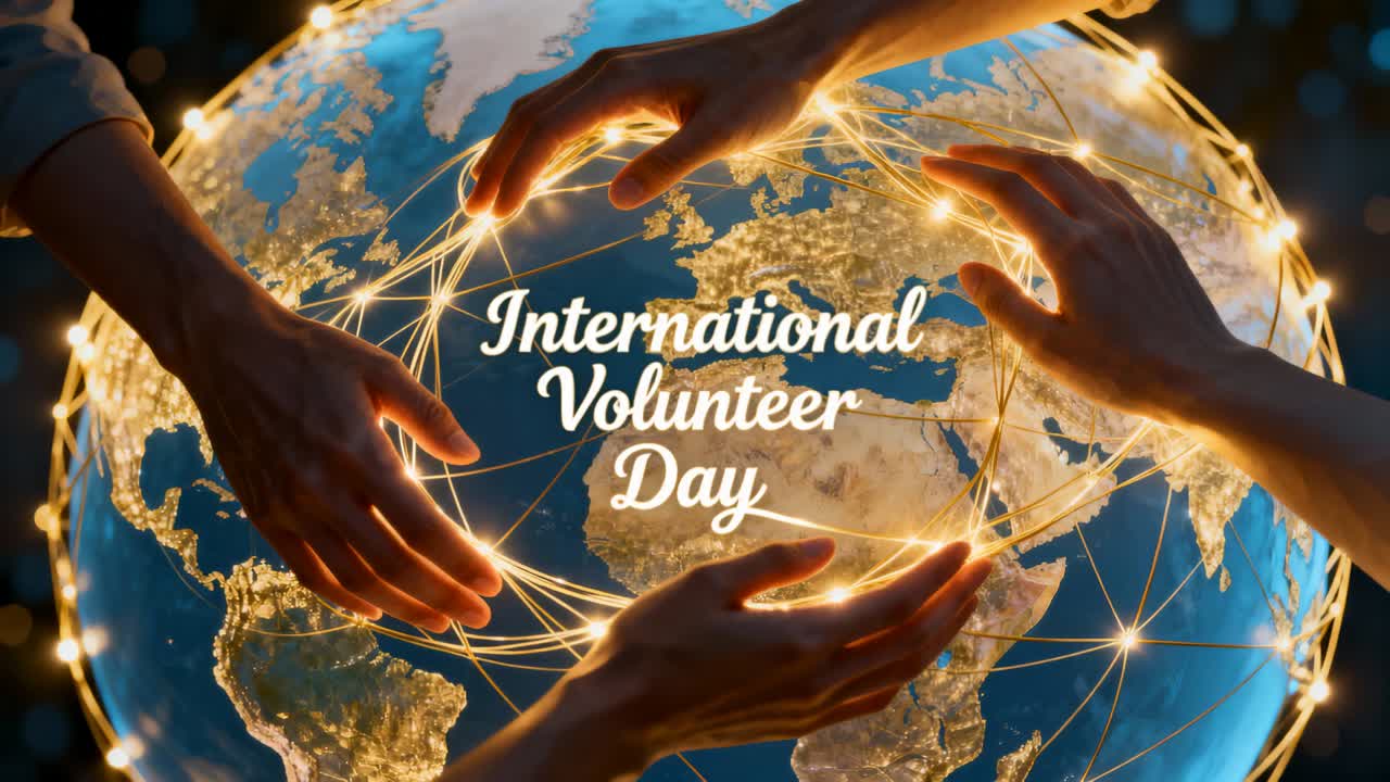 Glowing International Volunteer Day text drawing volunteers reaching, forming cluster above globe