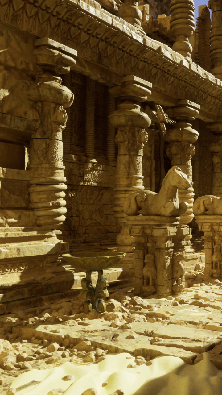 Ancient stone columns and carvings in a historical site at sunset