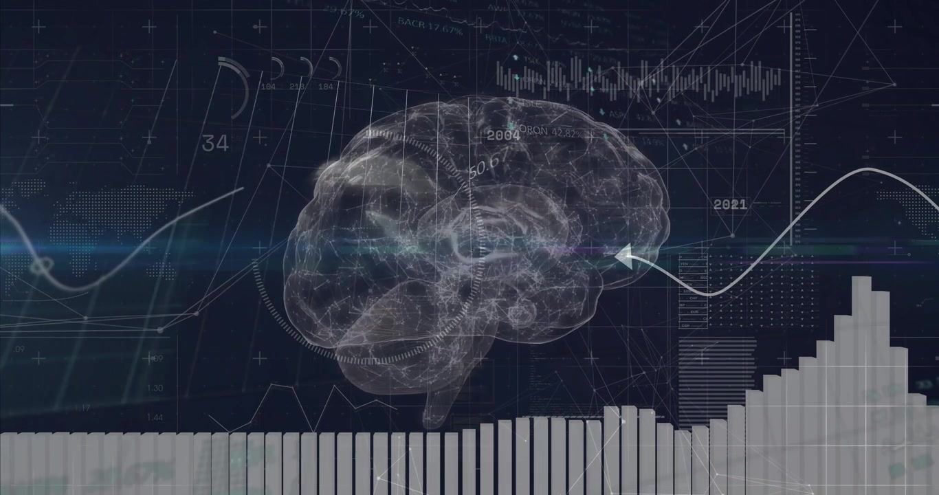 Veri akışı, dönen ve nabız atan 3D beyni yönlendiriyor; HUD halkaları bir bölgeyi kilitlerken, çubuklar sağlık verilerini gösteriyor.