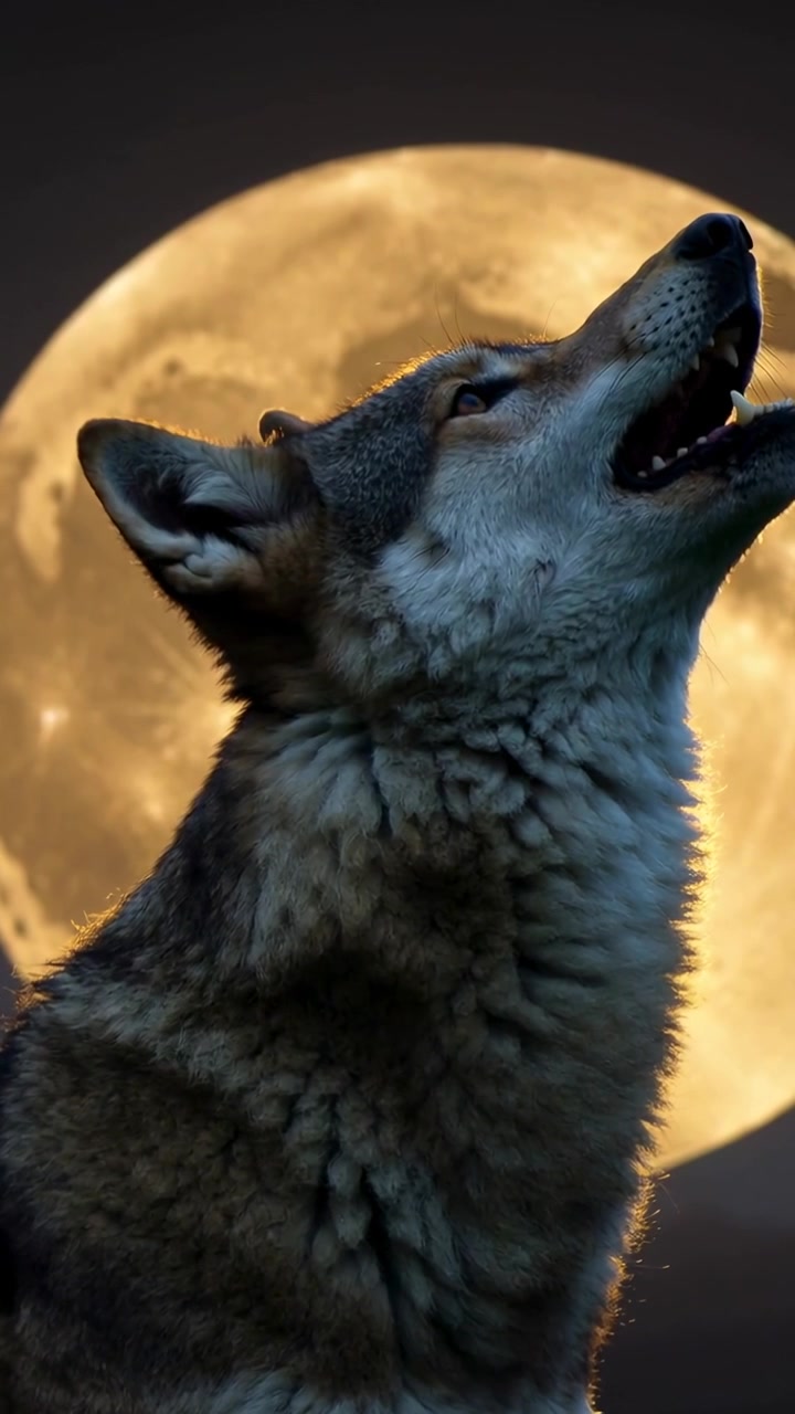 Video vertical: Lobo aullando en respuesta a la luna llena, levantando la cabeza, abriendo la boca, erguido por la noche.