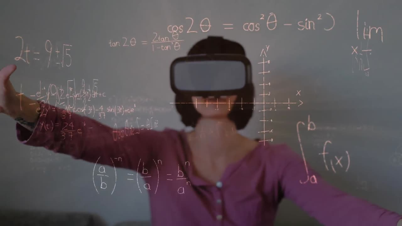 Animation of mathematical drawings and equations over woman wearing vr headset