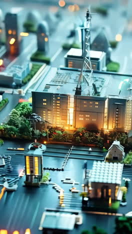 a cityscape with a large building in the middle. the building is surrounded by a lot of green trees and has a neon sign on it. the cityscape is lit up with lights, giving it a futuristic