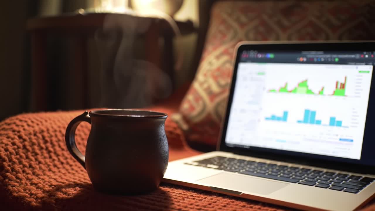 Cozy Workspace: A Warm Mug of Coffee Near a Laptop Displaying Data Analytics on a Comfortable Couch with Soft Textiles