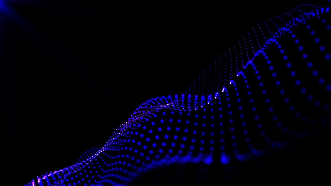 Abstract seamless loop of mesh glowing blue purple dots digital luxurious sparkling wave particles flows with flare light on top left background, Motion of digital data flow. big data background concept.Cyber