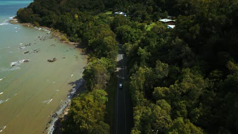 Drone-aerial-bird-view-of-modern-silver-car-driving-on-road-along-the-seaside-coast-with-sandy-beach-and-lush-green-tree-forest-and-blue-water-sea-in-4K