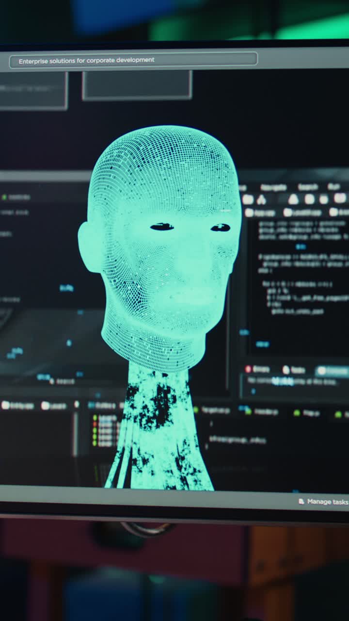 Developer Coding Artificial Intelligence with 3D Wireframe Head
