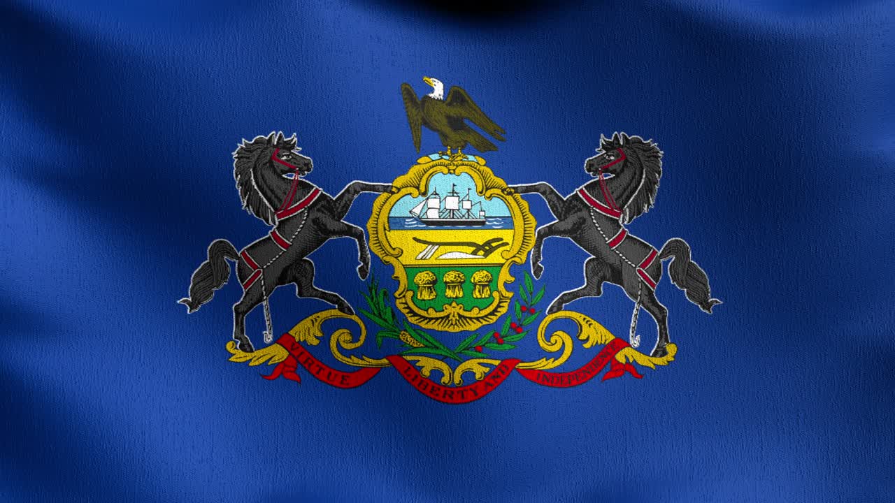 미국 펜실베이니아 주 발 (pennsylvania state flag) 은 공기에서 날아다니며 고립된 공식적인 애국적 추상적인 디자인, 흔들리는 표지 기호의 3d 렌더링 일러스트레이션입니다.