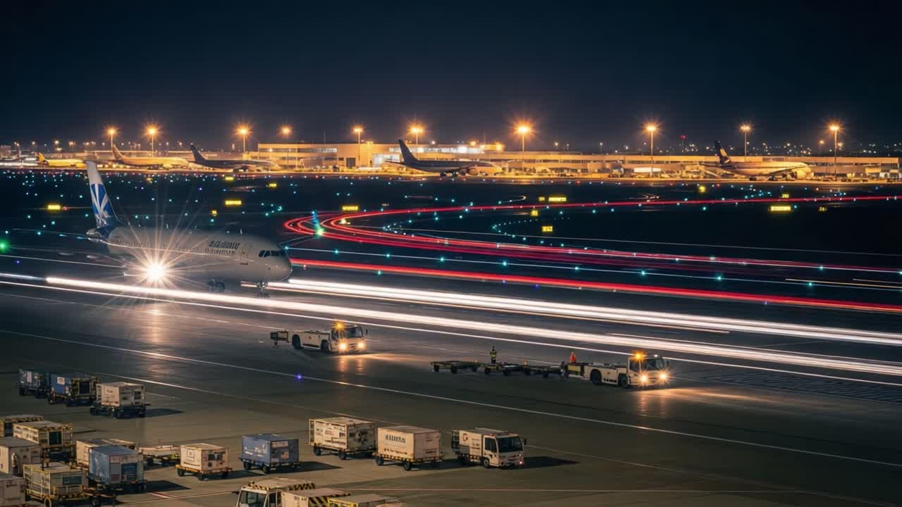 Night operations at a bustling airport runway with an airplane in motion