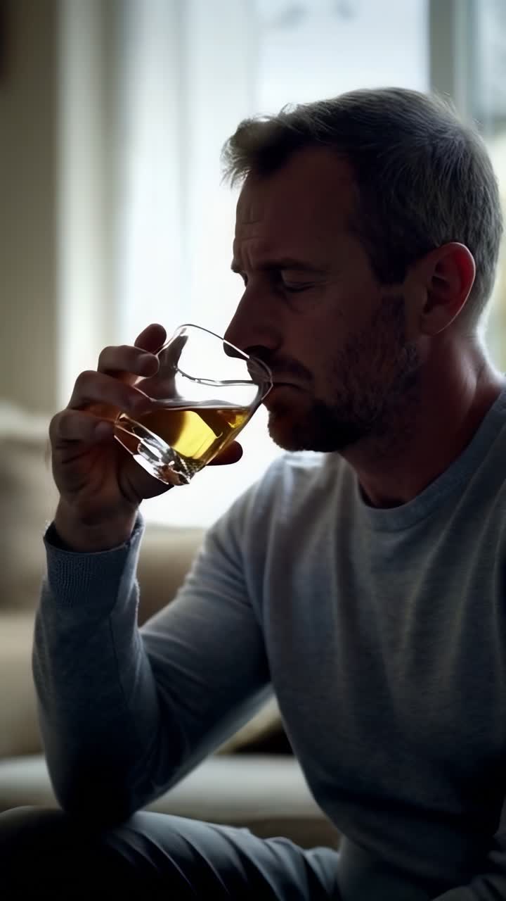 A caucasian man sitting in her living room, depressed and sad, drinking alcohol from a glass