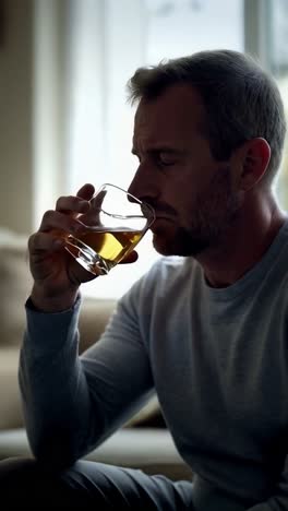 a caucasian man sitting in her living room, depressed and sad, drinking alcohol from a glass