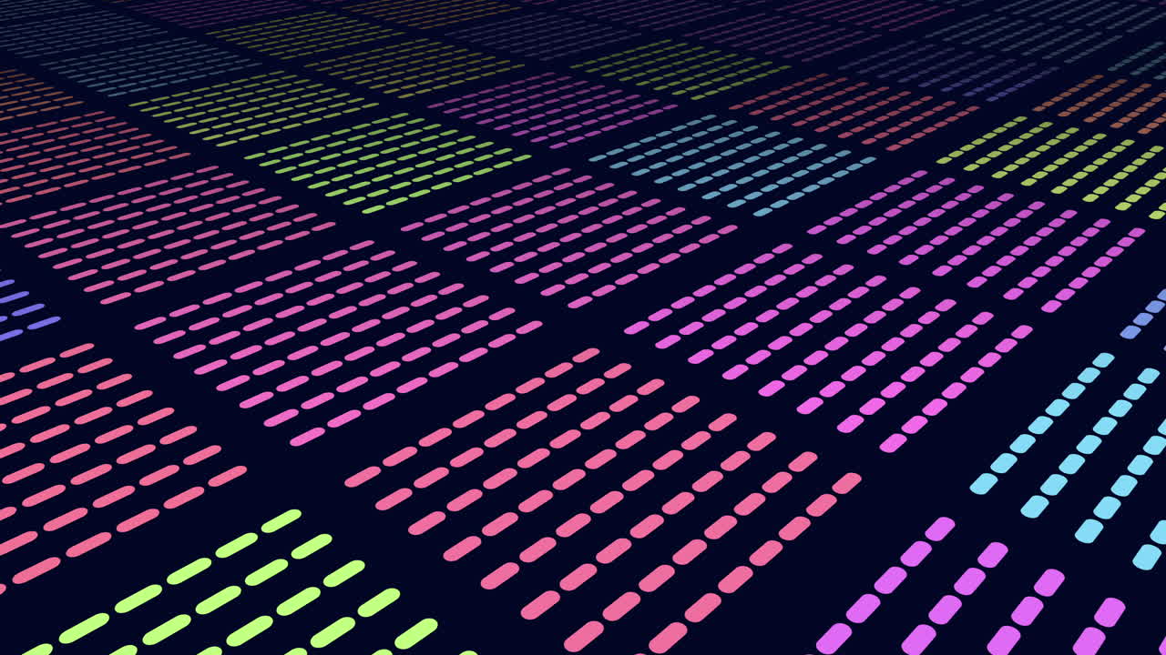 네온 무지개 점 패턴이 검은색 그라디엔트에서 행에 있습니다.