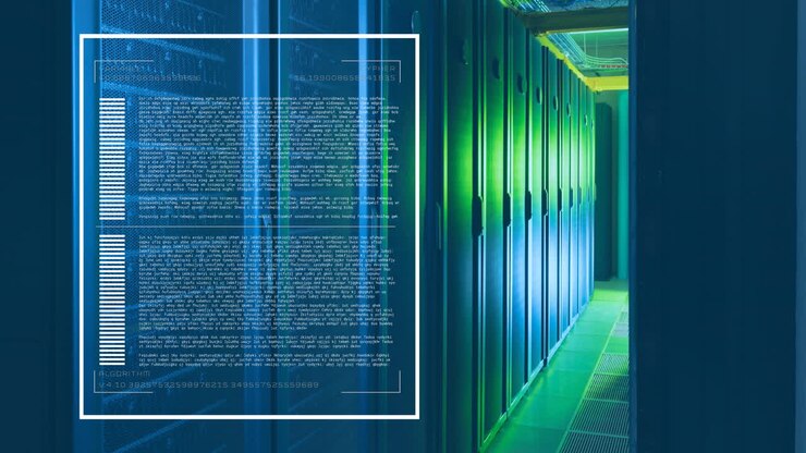 Animation of loading bars and computer language over data server room