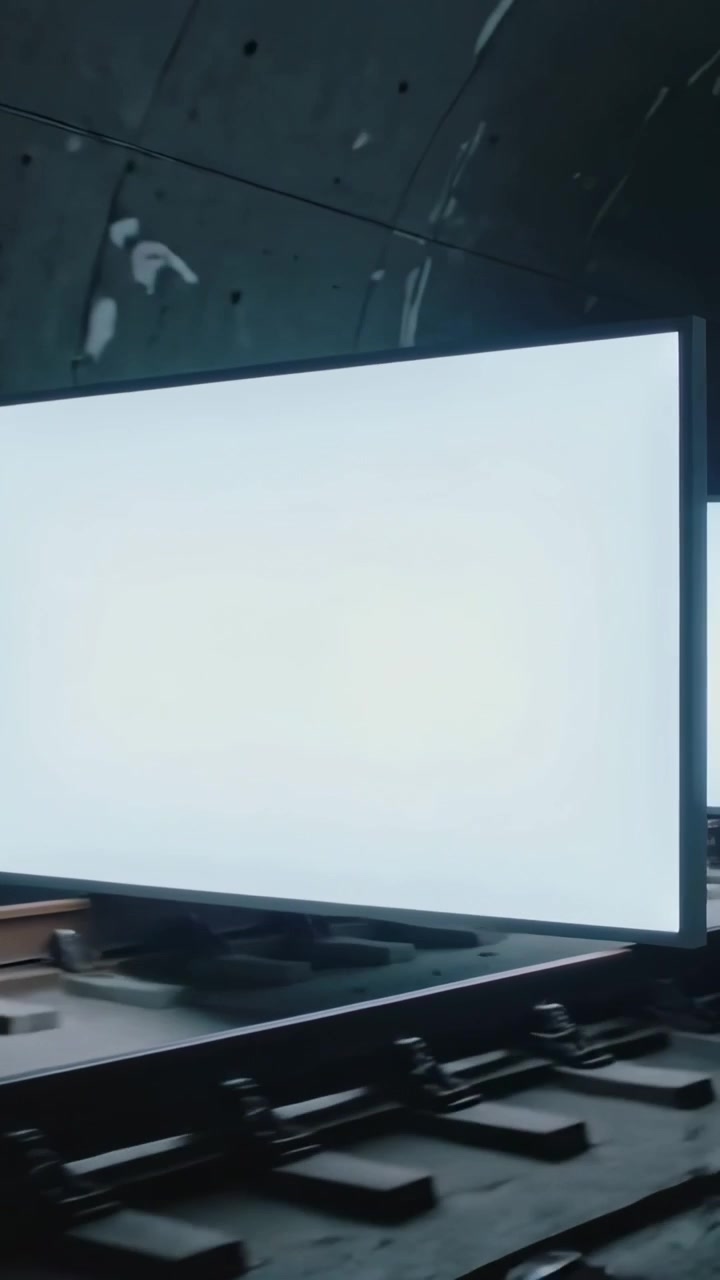 Video verticale: Telecamera scorrevole che si muove lungo i binari in un tunnel, mostrando un pannello luminoso, con spazio per il testo