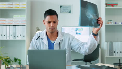 medical x ray, man doctor and laptop for results