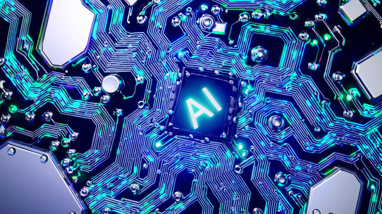 Top-down view of a glowing AI circuit board, highlighting intricate patterns and connections