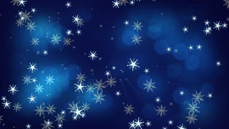 Animation-of-snow-falling-over-light-spots-at-christmas,-on-blue-background