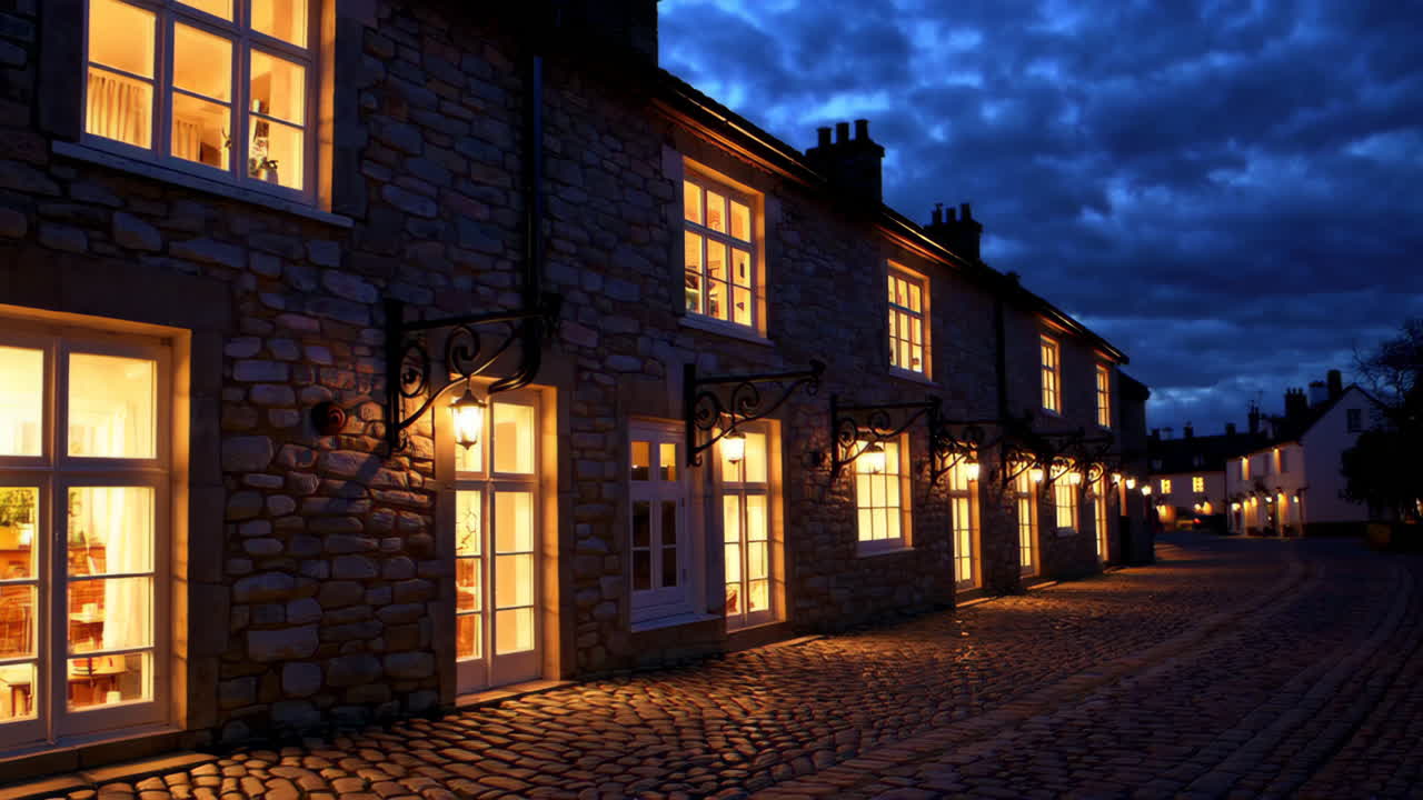 Illuminated Stone Houses at Night | Premium Stock Video Footage
