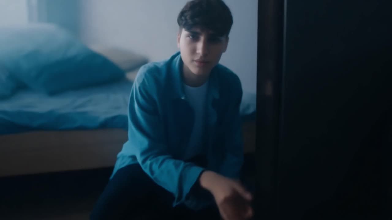 침실에 서 있는 파란 셔츠를 입은 젊은 남자