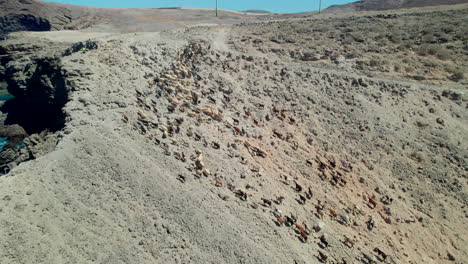 Aerial-view-in-orbit-over-a-flock-of-sheep-and-goats-on-the-coast,-climbing-a-mountain-in-a-desert-area