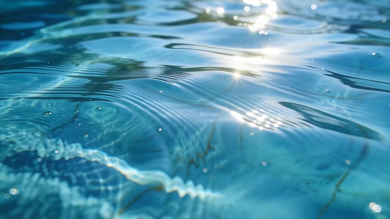 Superficie dell'acqua increspata in piscina che forma increspature dopo un piccolo urto, creando riflessi del sole e caustiche