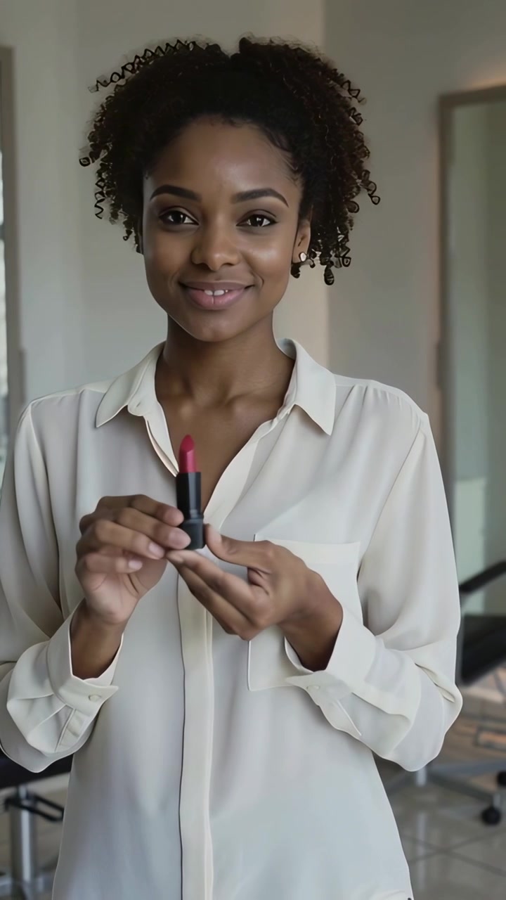 Video verticale: Notando il rossetto rosso, una donna con un top color crema guarda verso la fotocamera in un salone