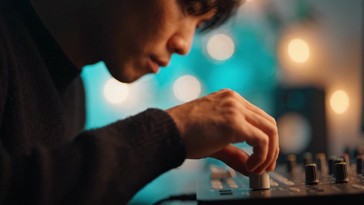 Un produttore musicale regola finemente i livelli audio usando un mixer in un accogliente ambiente da studio, circondato da illuminazione ambientale e vibrazioni creative per una qualità audio ottimale.