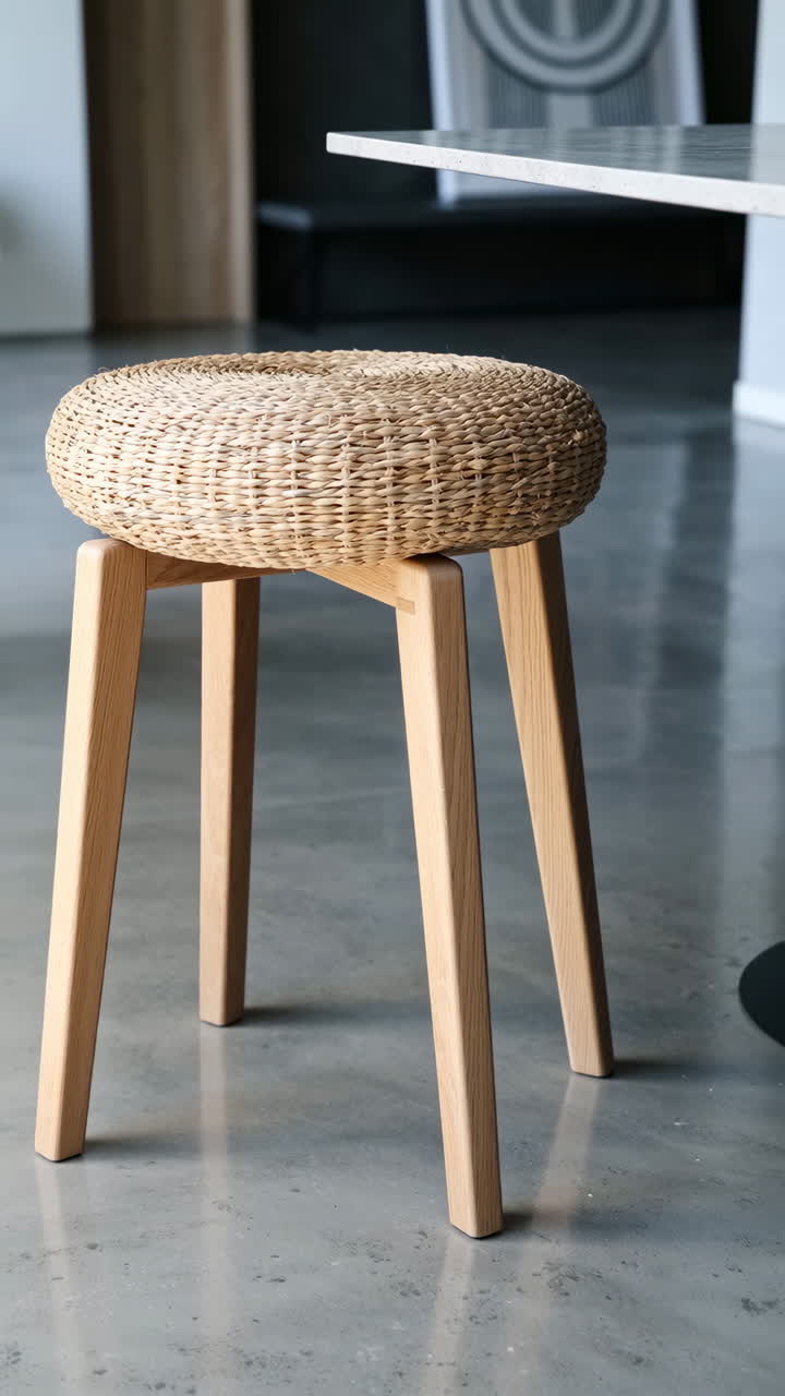 Wooden Stool with Woven Rattan Seat