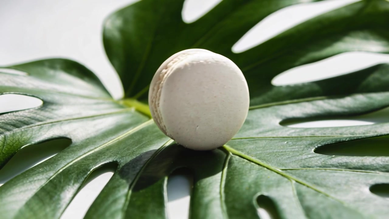 Rotating white macaron shifting on monstera leaf on white surface from slight tilt, showing shadow