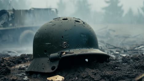 a german world war ii helmet lies in the mud on a battlefield