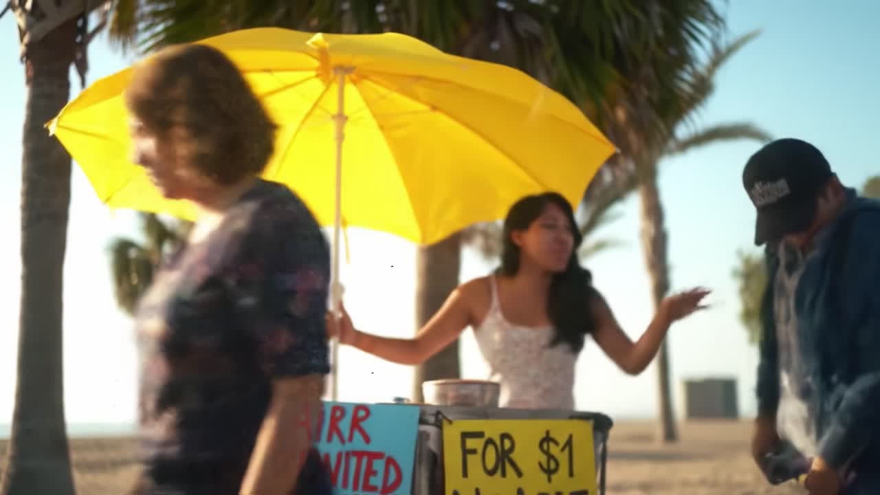 A Vibrant Beach Scene with a Cheerful Vendor Offering Refreshing Air-Conditioned Treats Under a Bright Yellow Umbrella on a Sunny Day