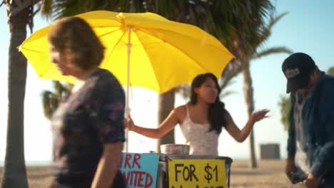 a vibrant beach scene with a cheerful vendor offering refreshing air-conditioned treats under a bright yellow umbrella on a sunny day
