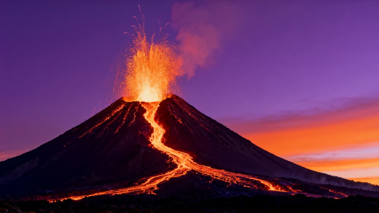 Vulcano in eruzione dal cratere che rilascia getti di roccia fusa, pennacchio di cenere, canale di lava con magma che sale al crepuscolo.
