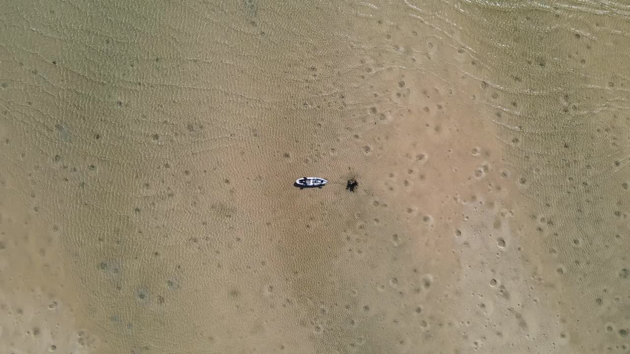 나무 그루터기에 묶인 카약이 천연 모래섬의 맑은 바닷물에 고요히 떠다닌다