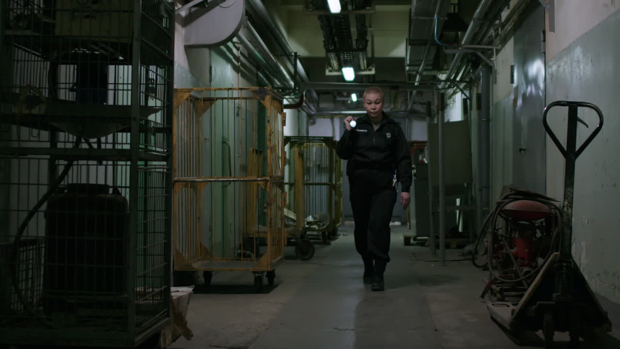 женщина-охранник с фонариком на складе