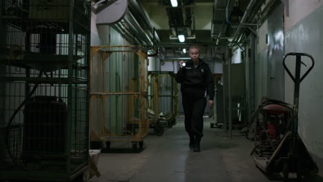 Female-safety-guard-with-flashlight-in-a-warehouse